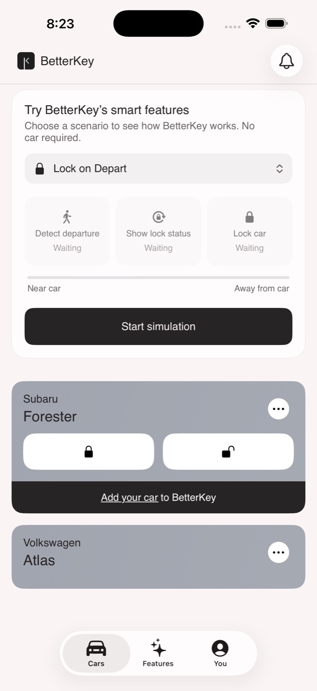 Simulator on the Cars screen. Scenario selector at top, three steps below labeled Detect departure, Show lock status, and Lock car, with a Start simulation button.
