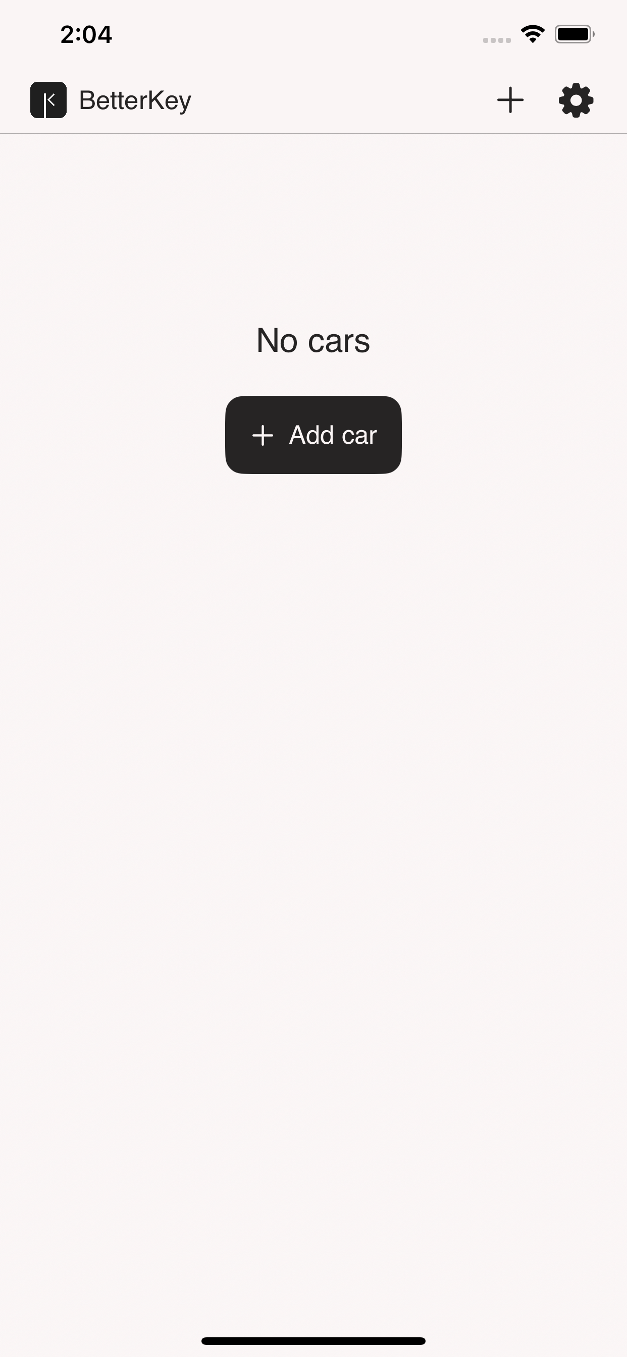 BetterKey empty state screen with the add car entry point