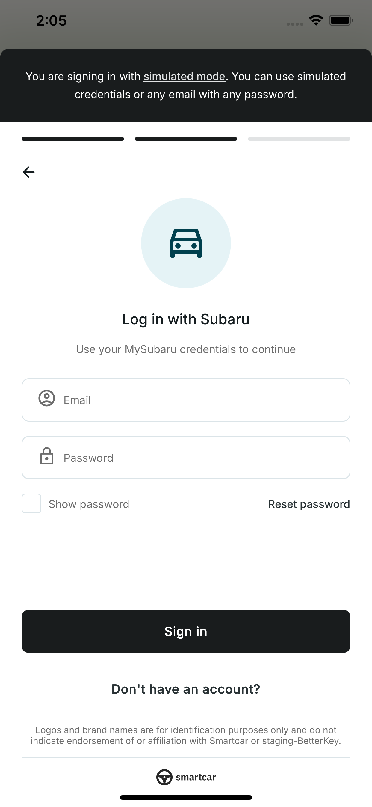Manufacturer authentication screen inside Smartcar
