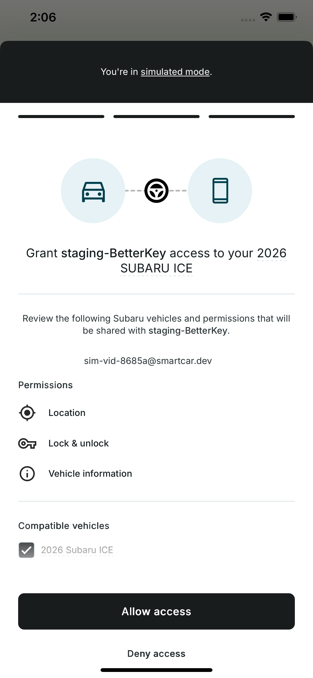 Smartcar permissions screen asking the user to allow car access