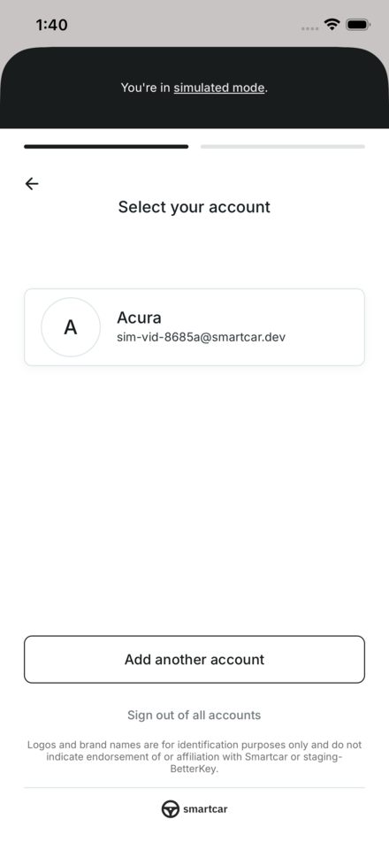 Manufacturer authentication screen inside Smartcar