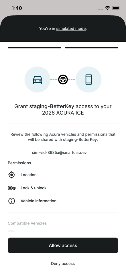 Smartcar permissions screen asking the user to allow car access