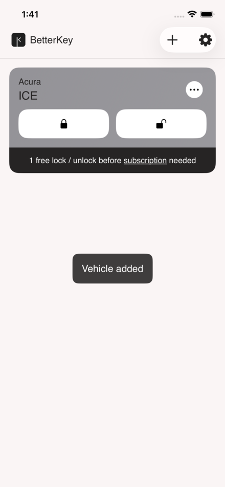 BetterKey home screen with the newly added car and free command banner