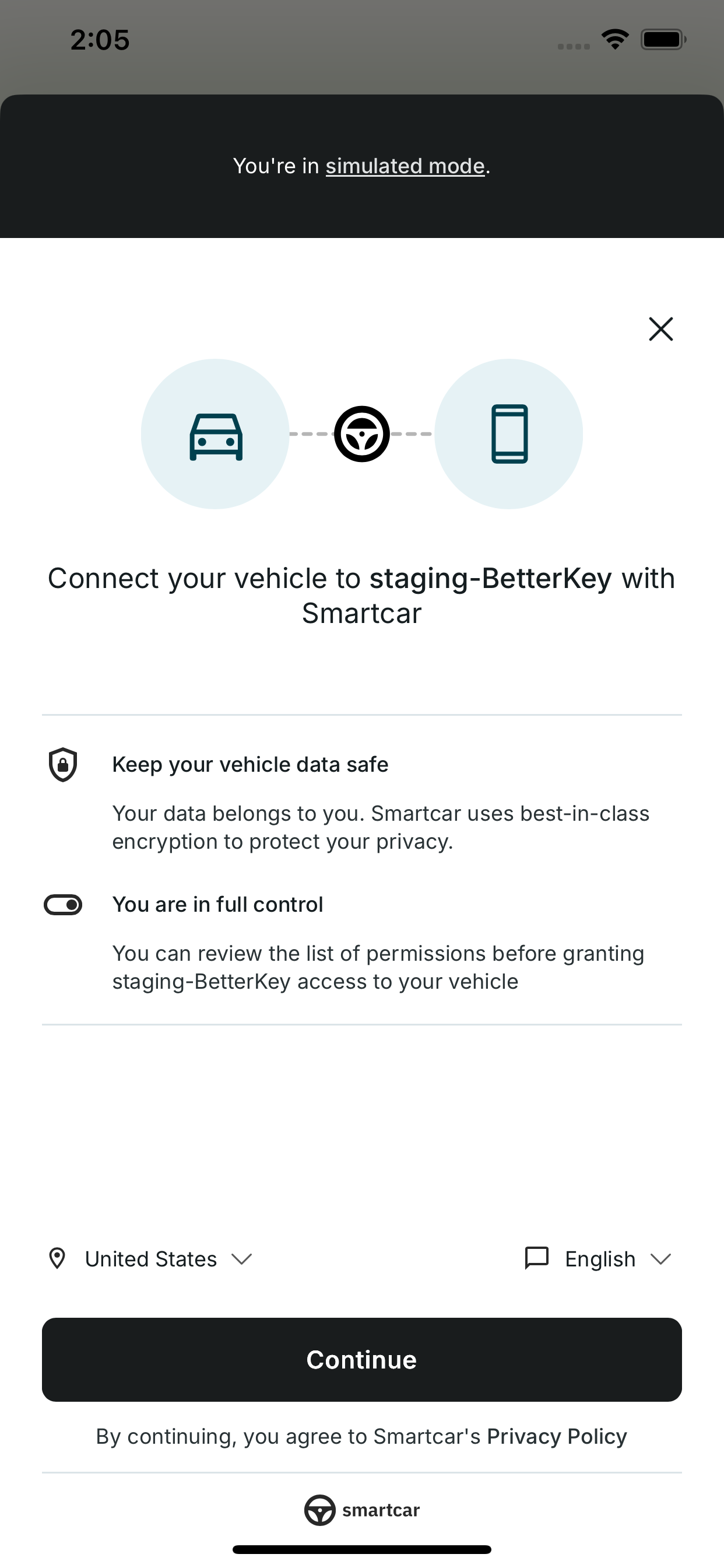 Smartcar authorization flow starting inside BetterKey