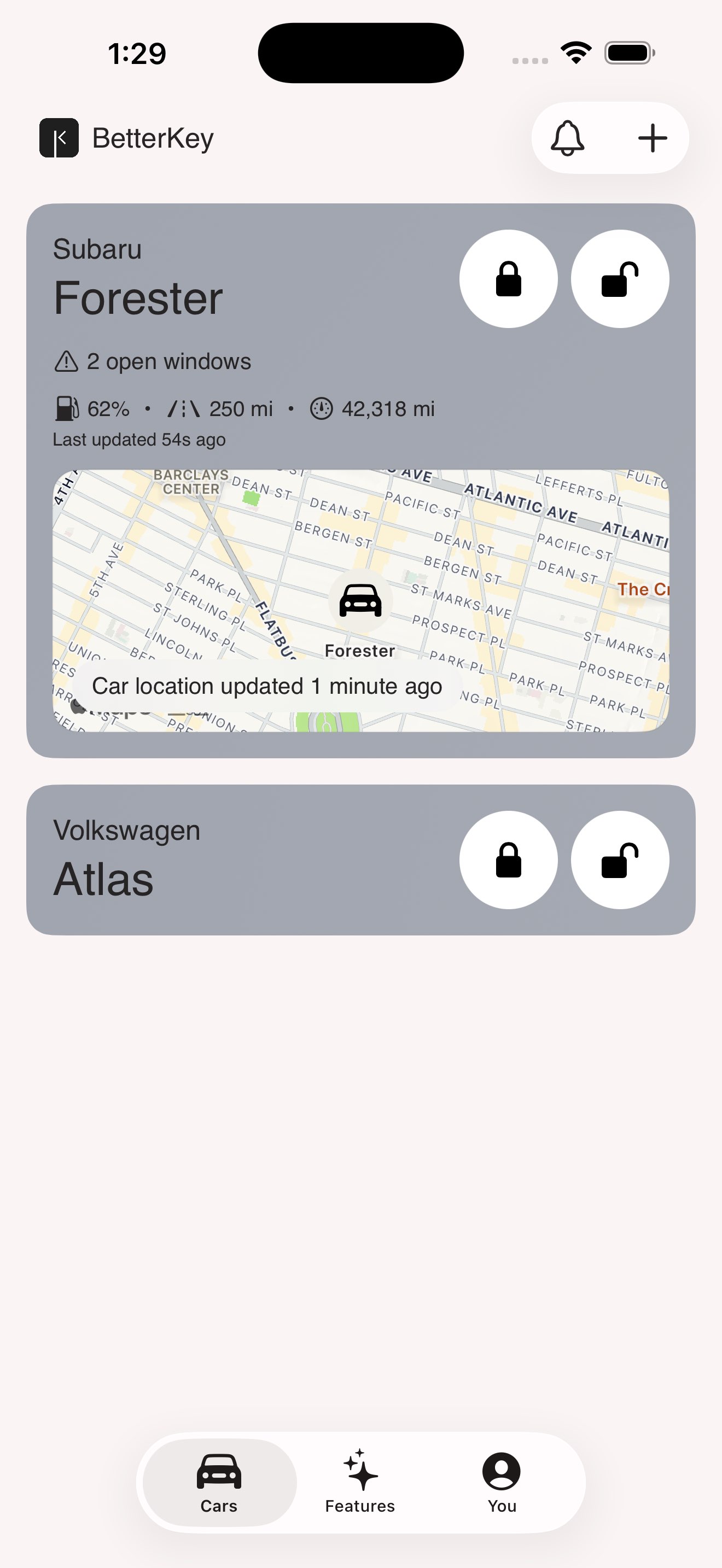 BetterKey home screen with a map preview on the expanded vehicle card