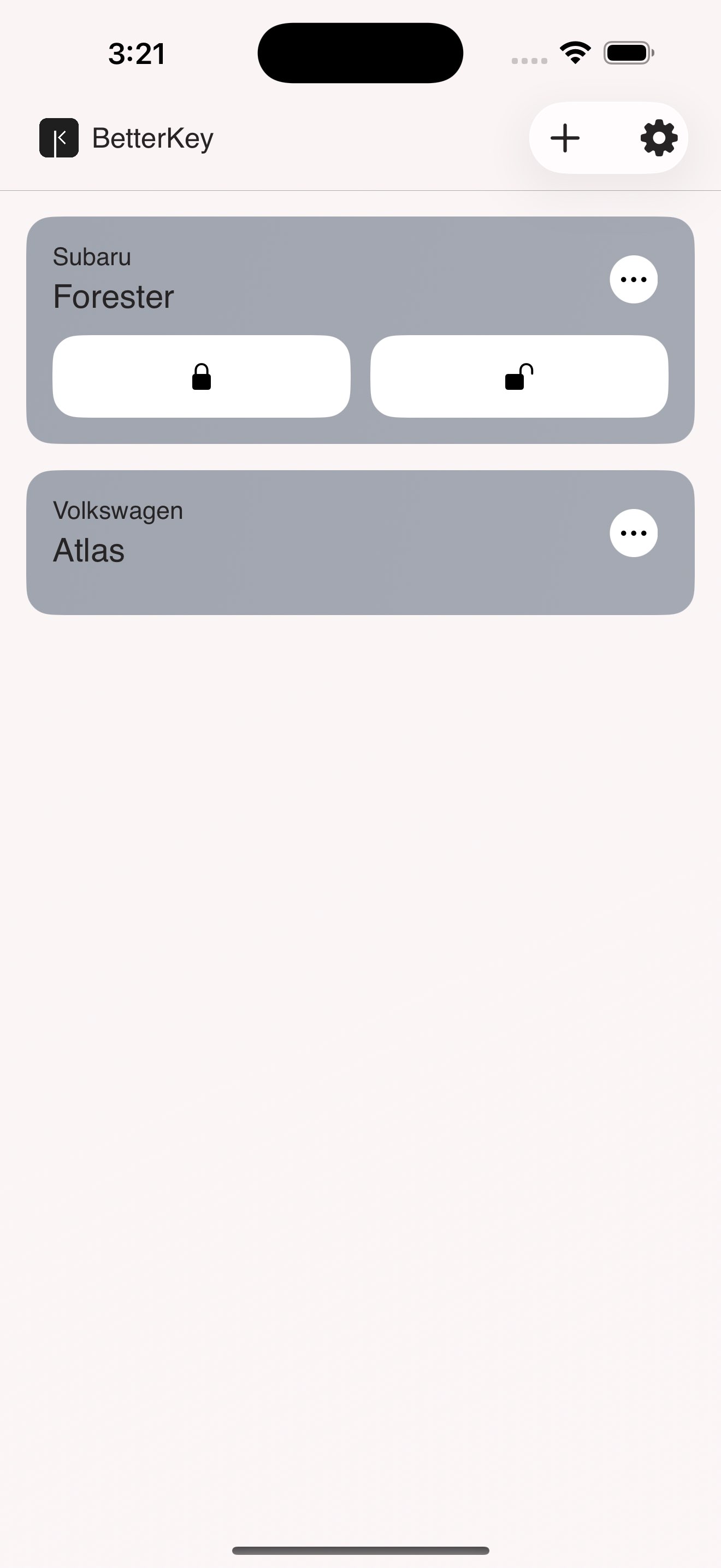 BetterKey home screen with the vehicle card options menu open