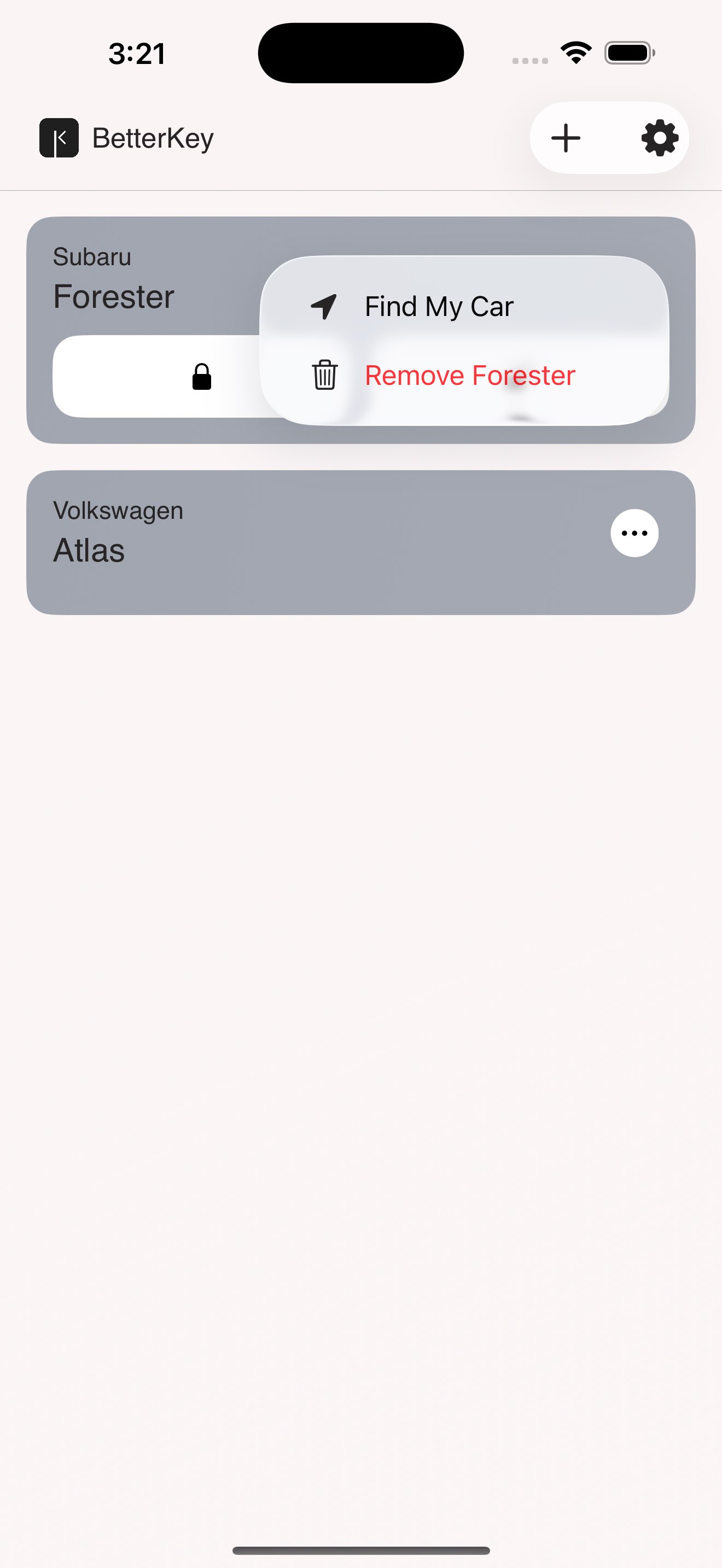 Vehicle options menu with the Find My Car item highlighted