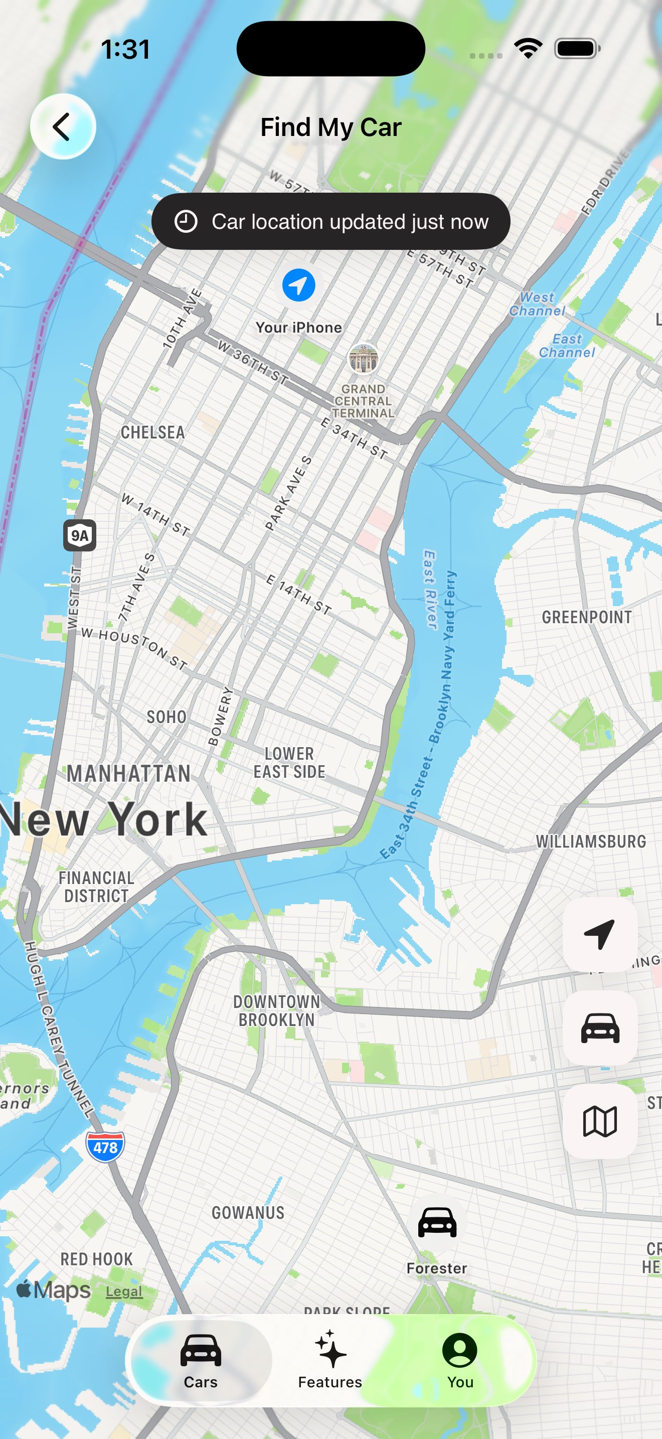 Find My Car screen showing a pin on the vehicle and the user's location on the same map