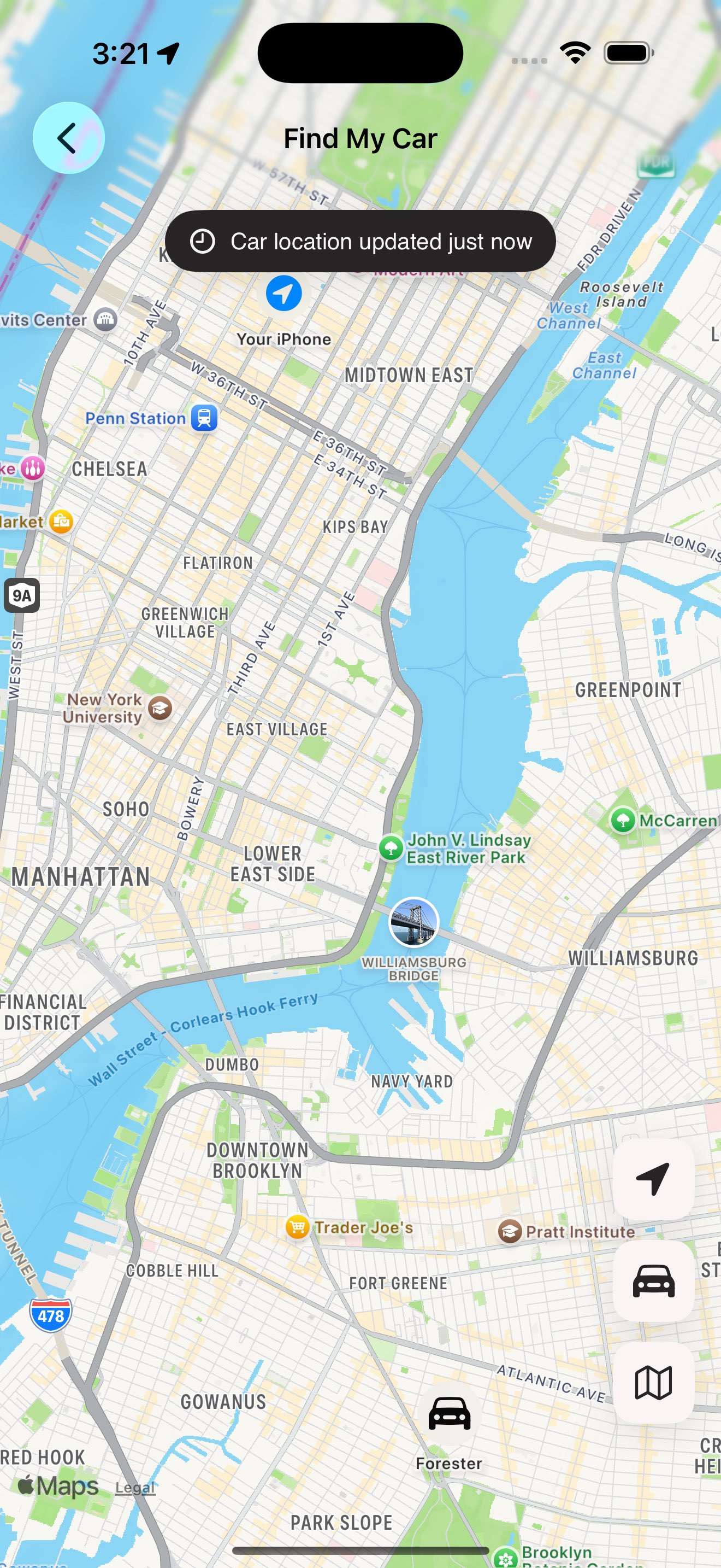 Find My Car screen showing a pin on the vehicle and the user's location on the same map