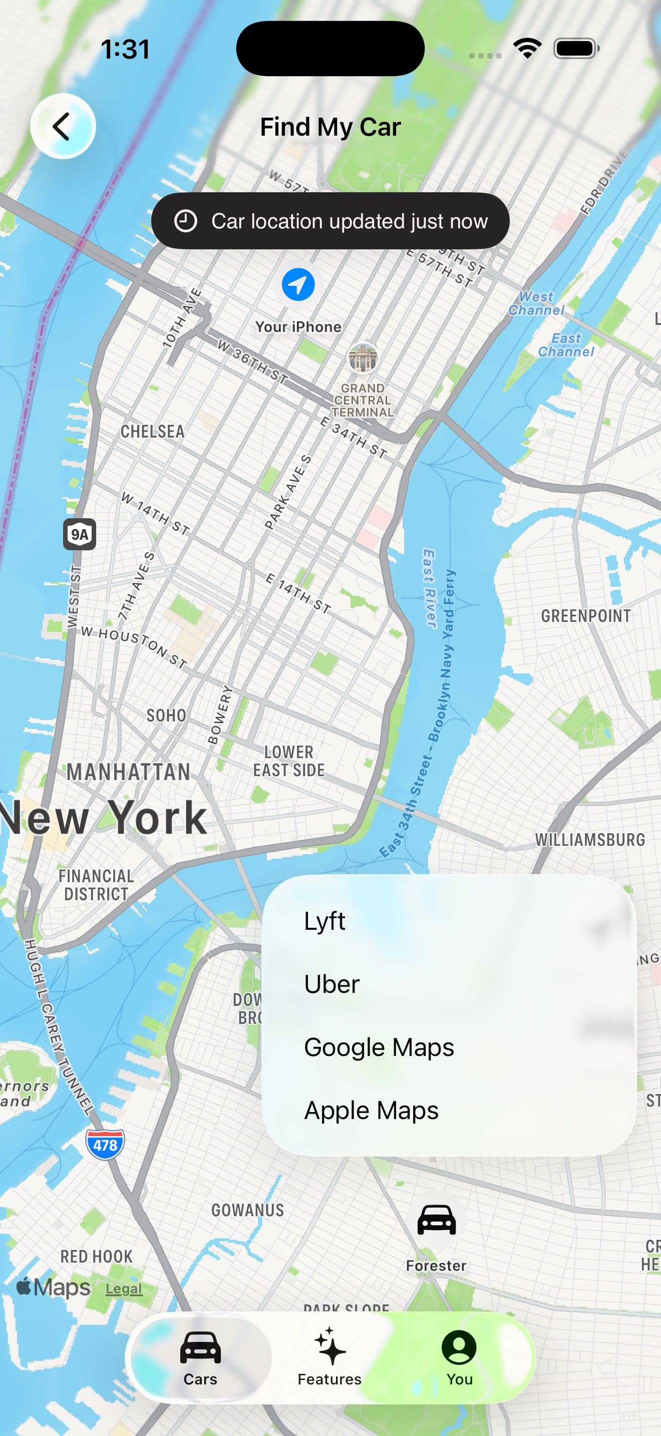 Directions action sheet showing Apple Maps, Google Maps, Uber, and Lyft