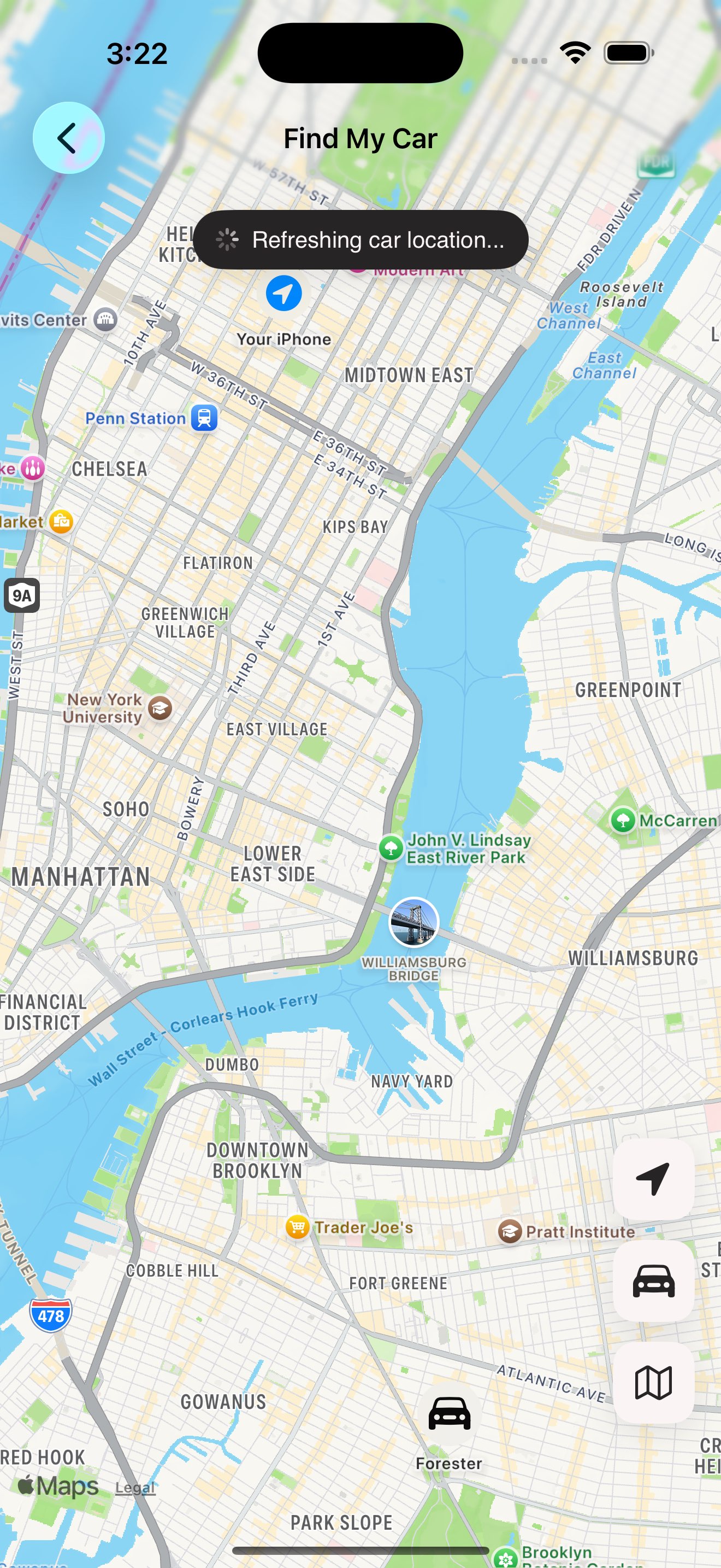 Find My Car screen with the refresh control active