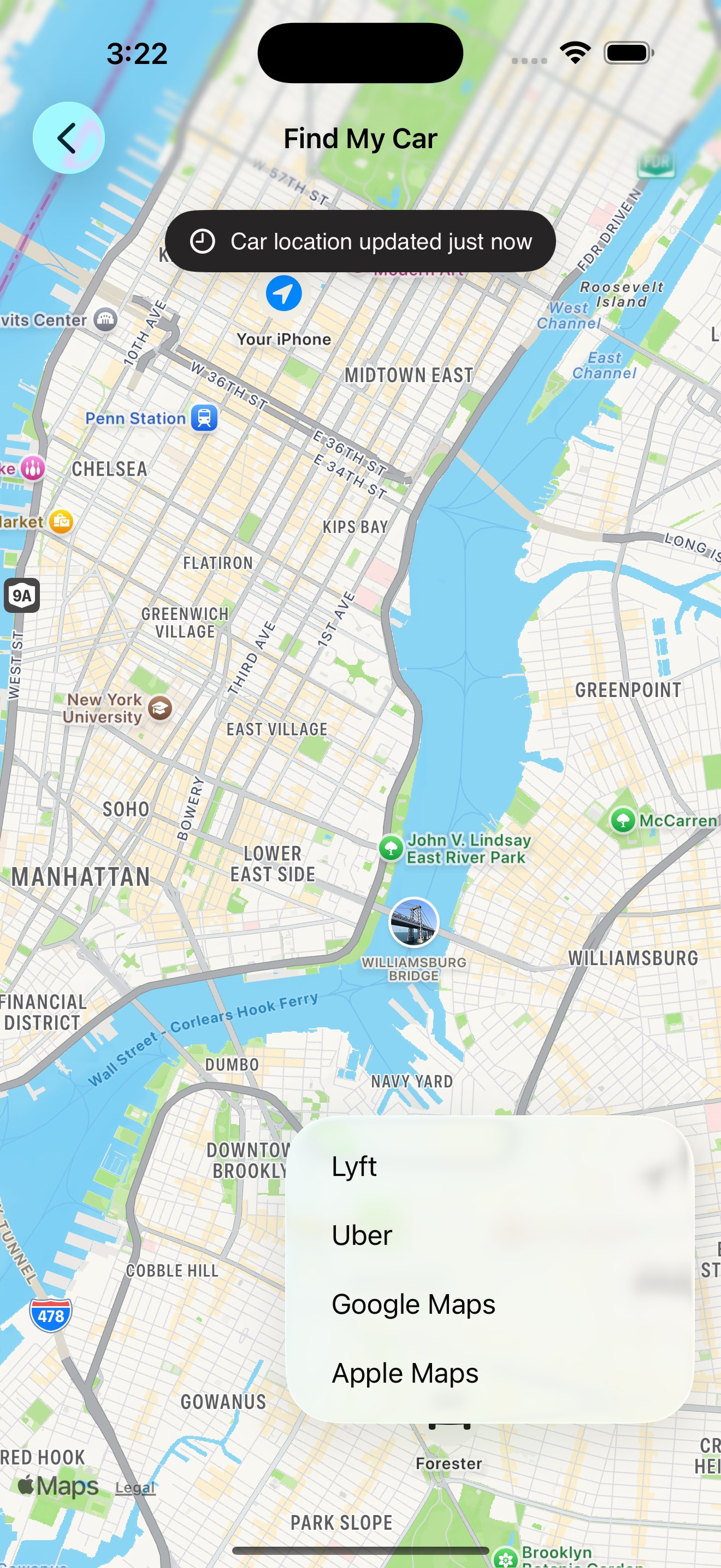 Directions action sheet showing Apple Maps, Google Maps, Uber, and Lyft
