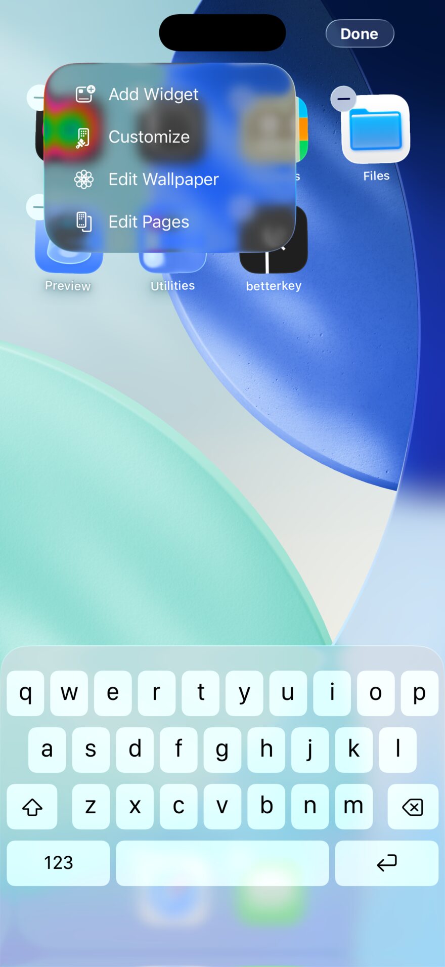 Home Screen Edit menu with Add Widget selected