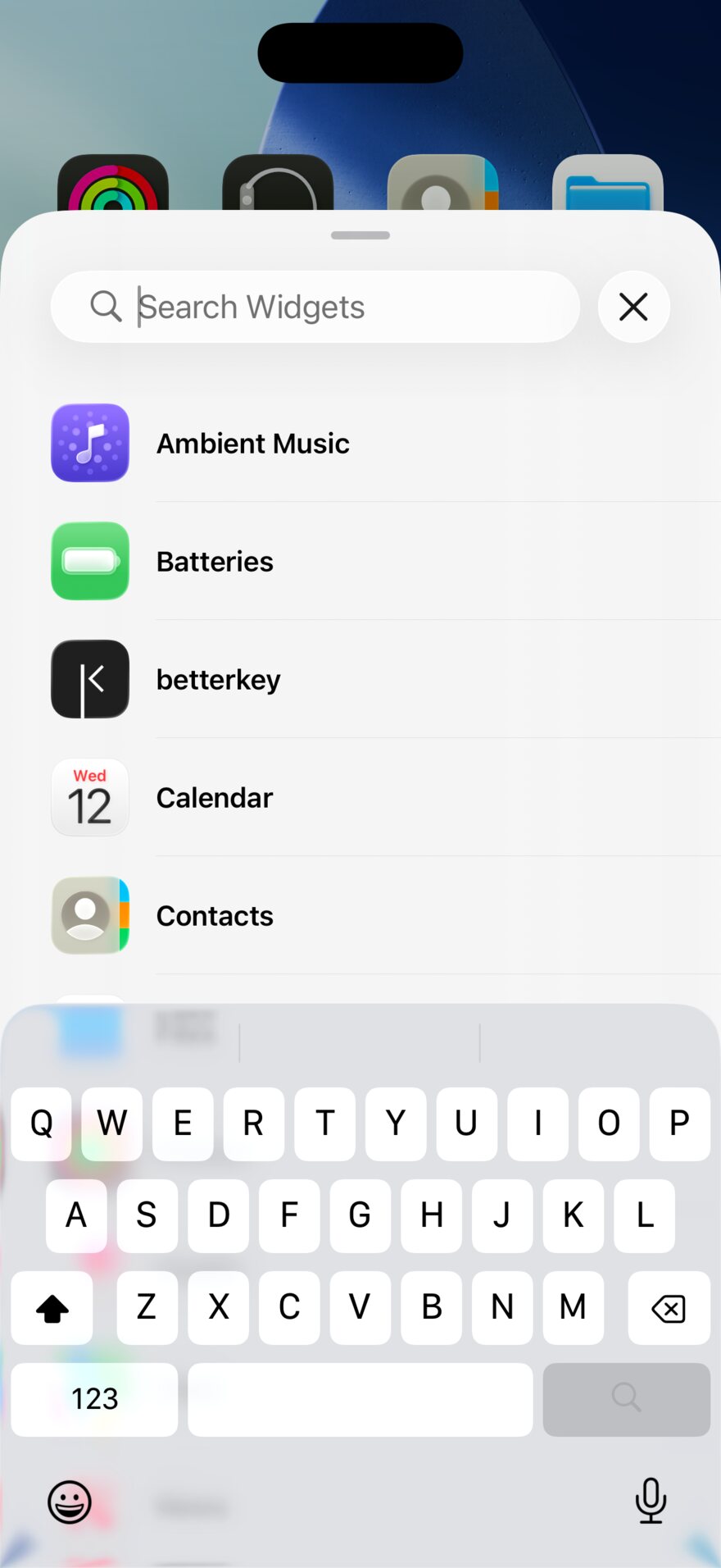 iPhone widget gallery showing BetterKey in the search results