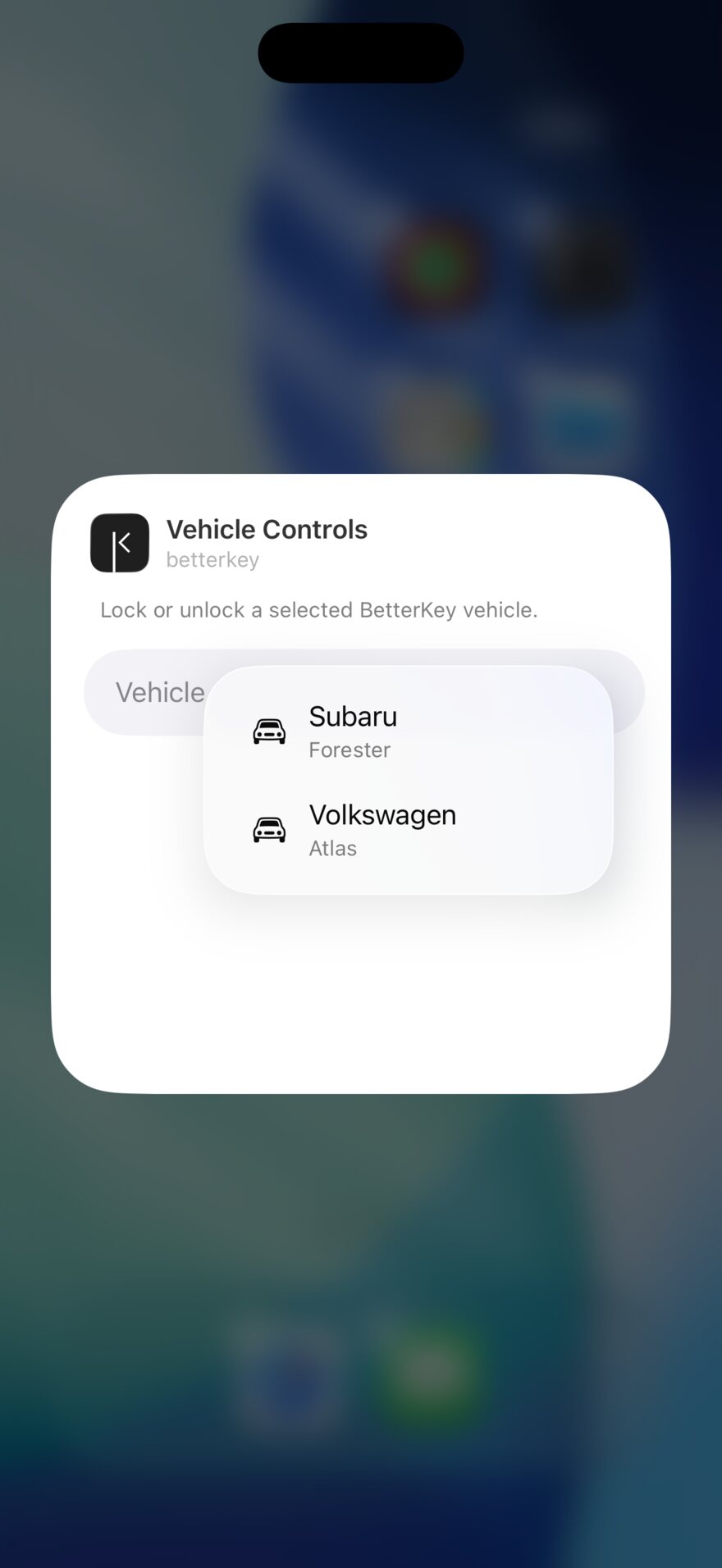 BetterKey vehicle picker listing a Subaru Forester and Volkswagen Atlas