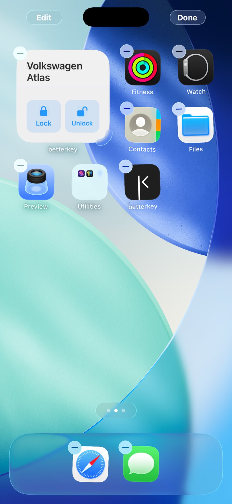 BetterKey Vehicle Controls widget positioned on the Home Screen in edit mode