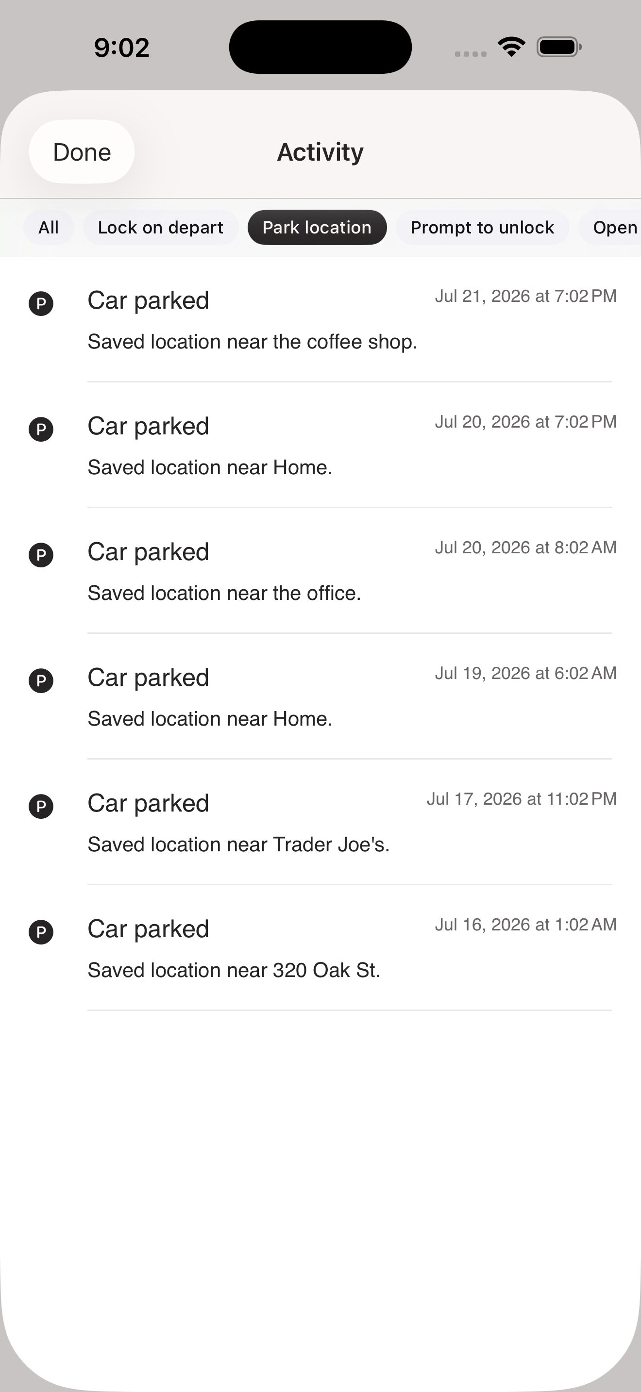 BetterKey Activity sheet with the Park location filter selected
