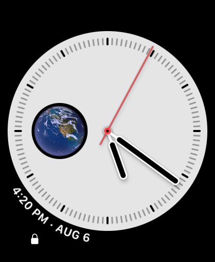 Corner complication showing a lock glyph with 4:20 PM and Aug 6 curved along the outer arc.