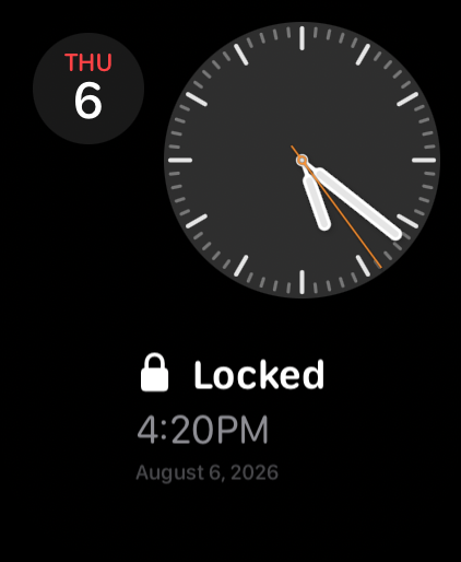 Rectangular complication showing a lock glyph, the title Locked, the time 4:20PM, and the date August 6, 2026.