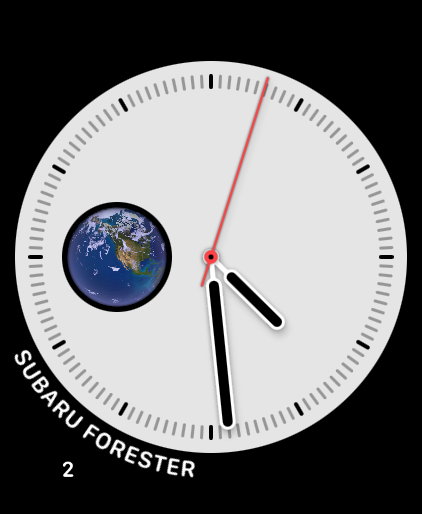 Corner complication showing the number 2 at the corner point with Subaru Forester curved along the outer arc.