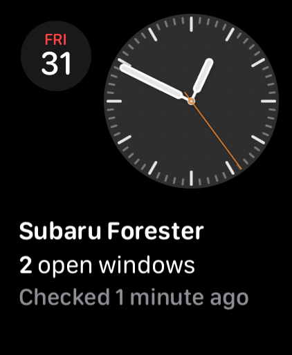 Rectangular complication showing Subaru Forester, the phrase 2 open windows, and Checked 1 minute ago.