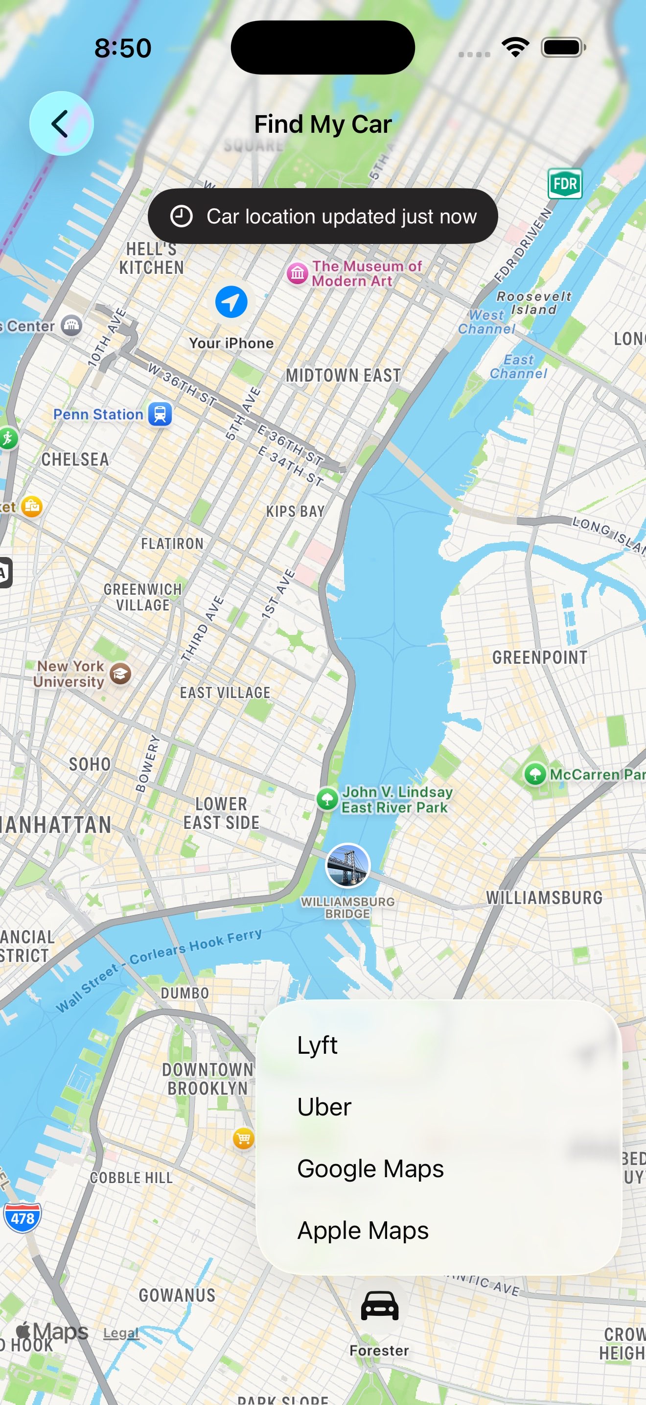 BetterKey directions menu showing Apple Maps, Google Maps, Uber, and Lyft