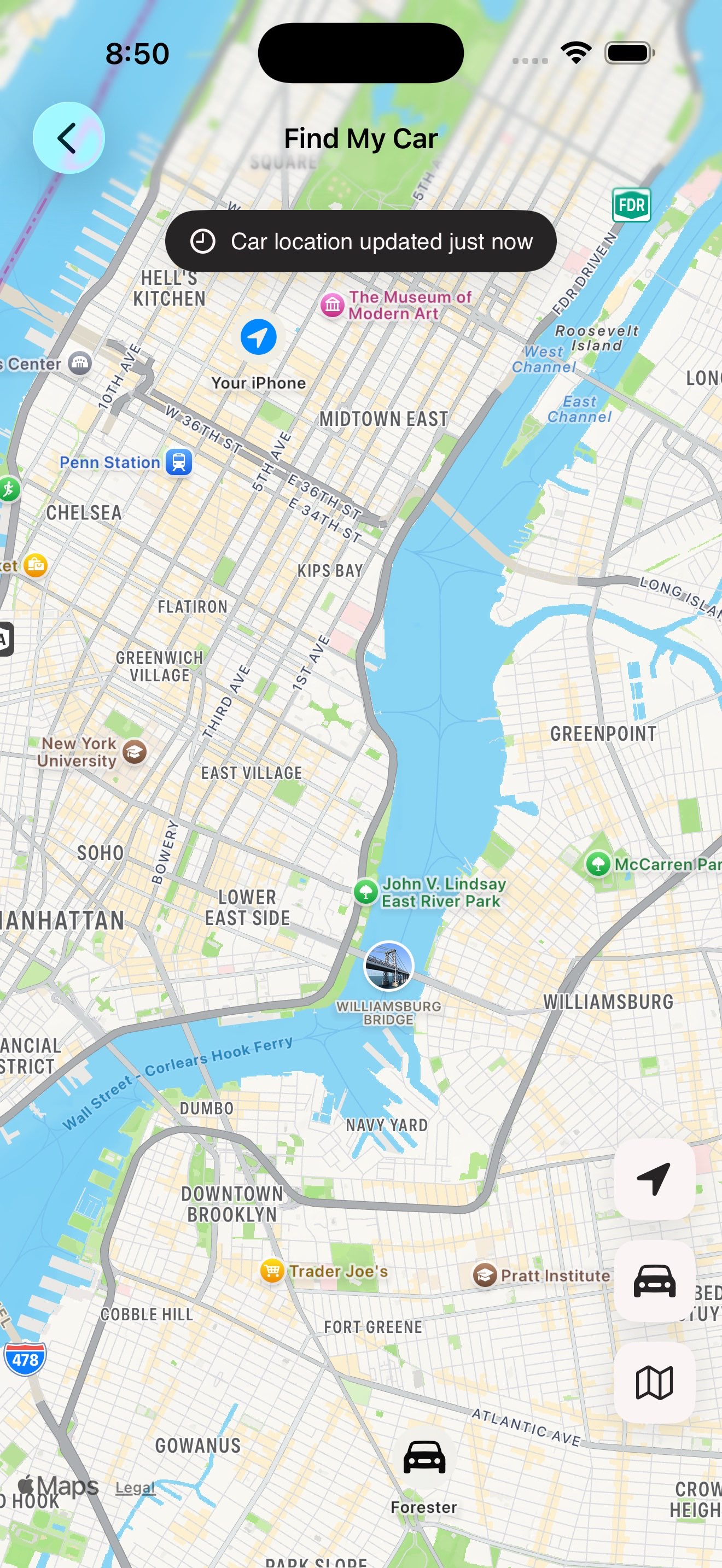 BetterKey Find My Car screen showing a pin on the vehicle and the user's current location