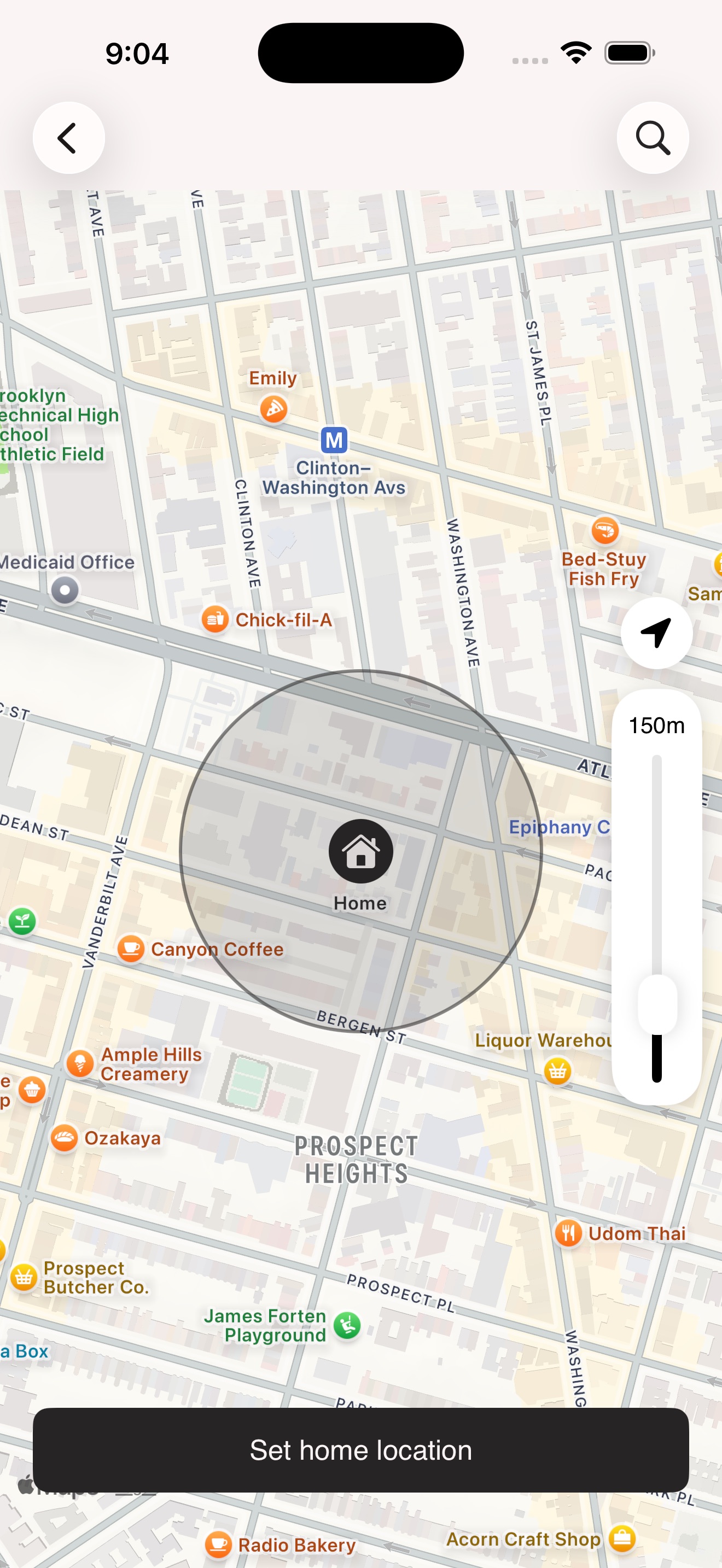 BetterKey map picker with a Home pin centered inside a 150-meter radius, and a Set home location button at the bottom