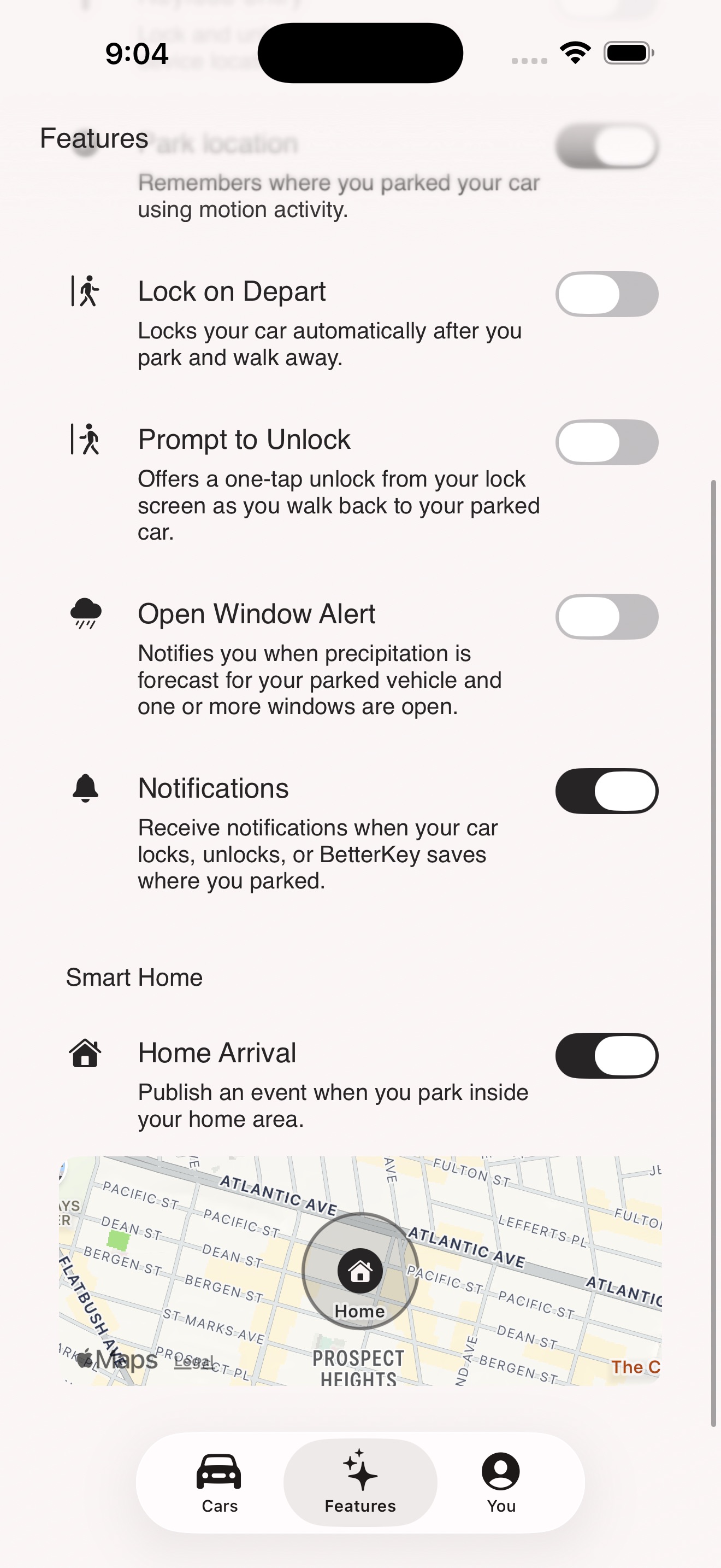 BetterKey Features showing the Home Arrival toggle in the Smart Home section, with a map preview of the Home area below it