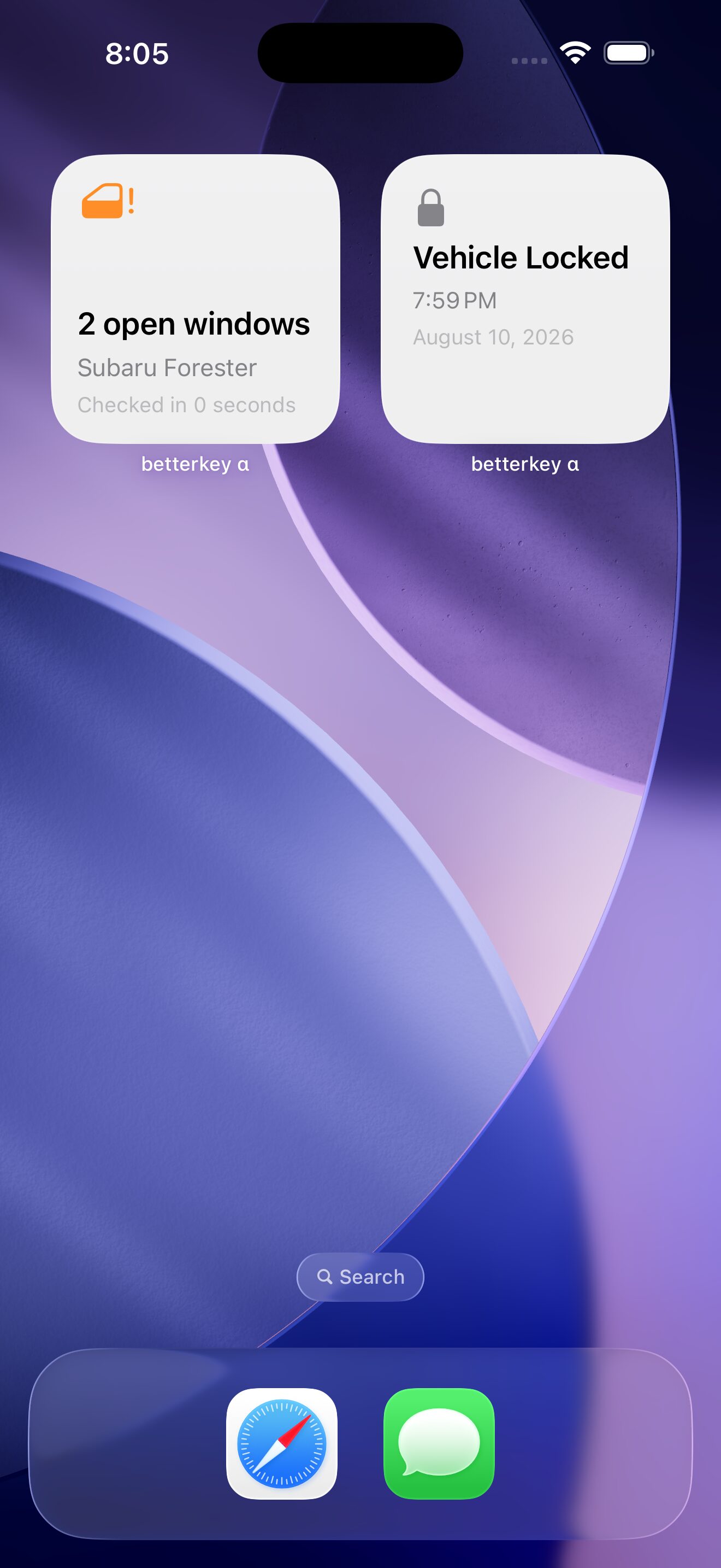 iPhone Home Screen with BetterKey Window Status and Last Activity widgets