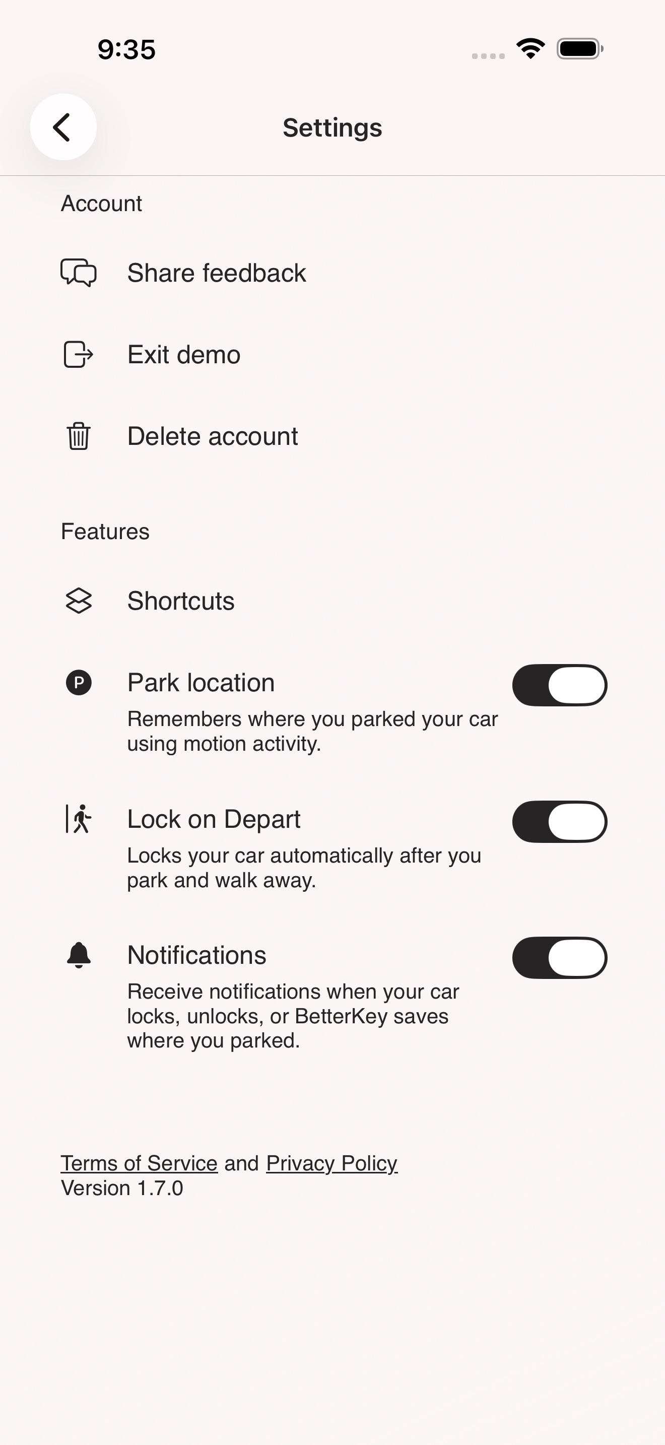 BetterKey settings showing the Lock on Depart toggle
