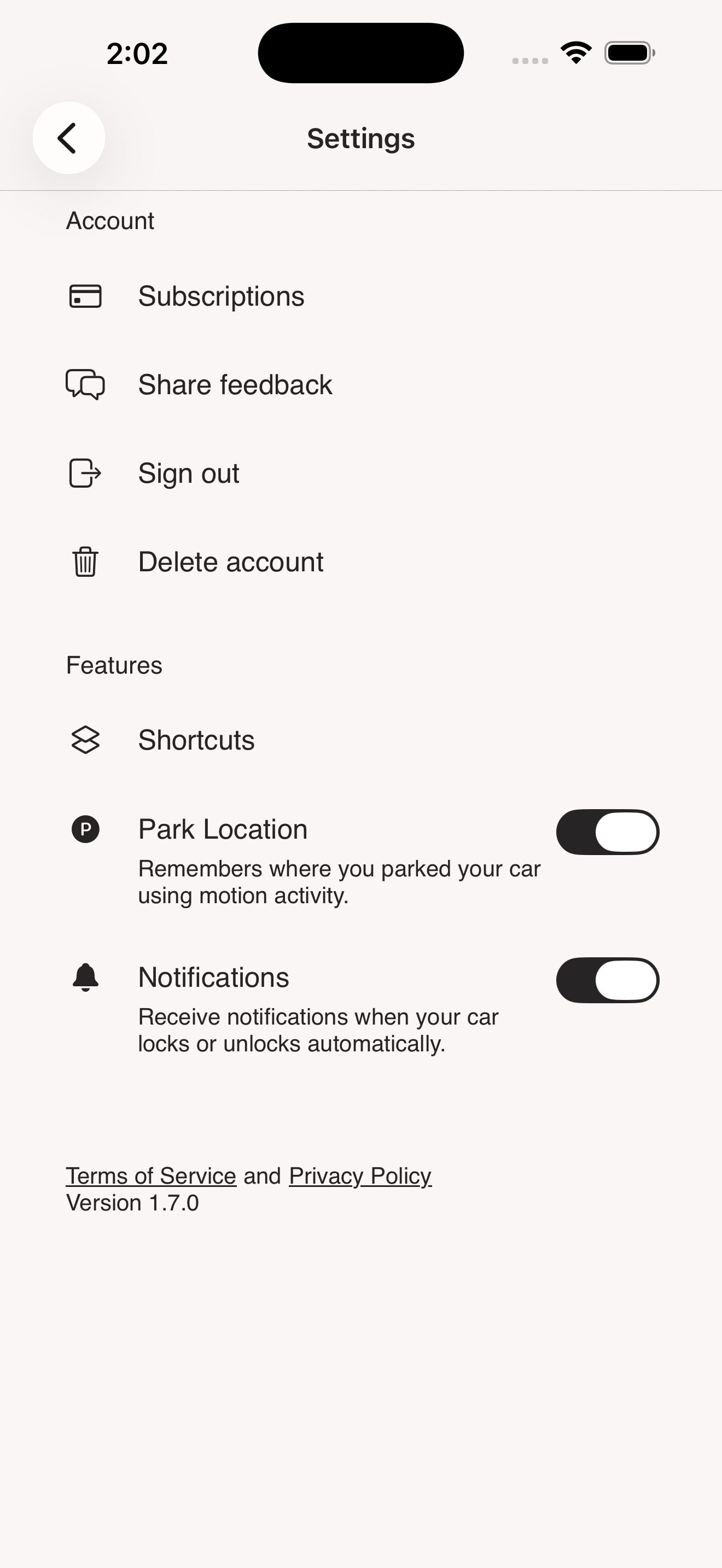BetterKey settings showing the Park Location toggle