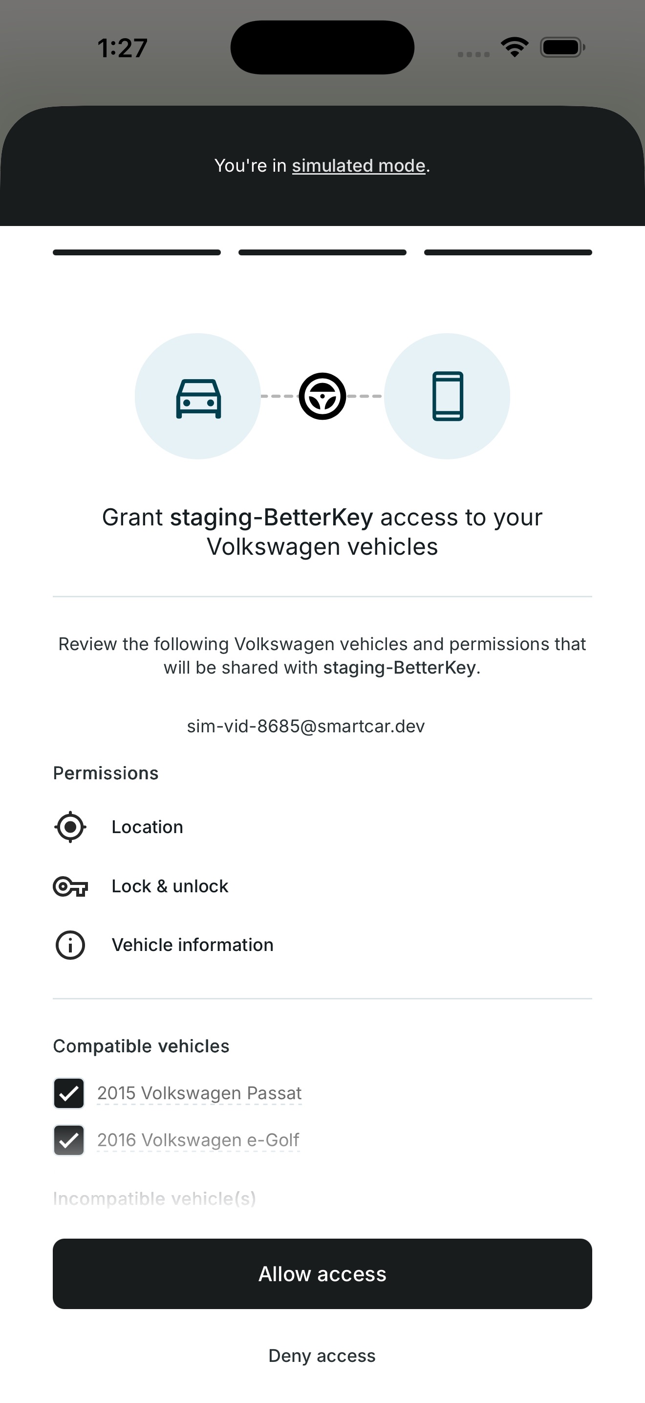 Smartcar's consent screen for connecting a vehicle
