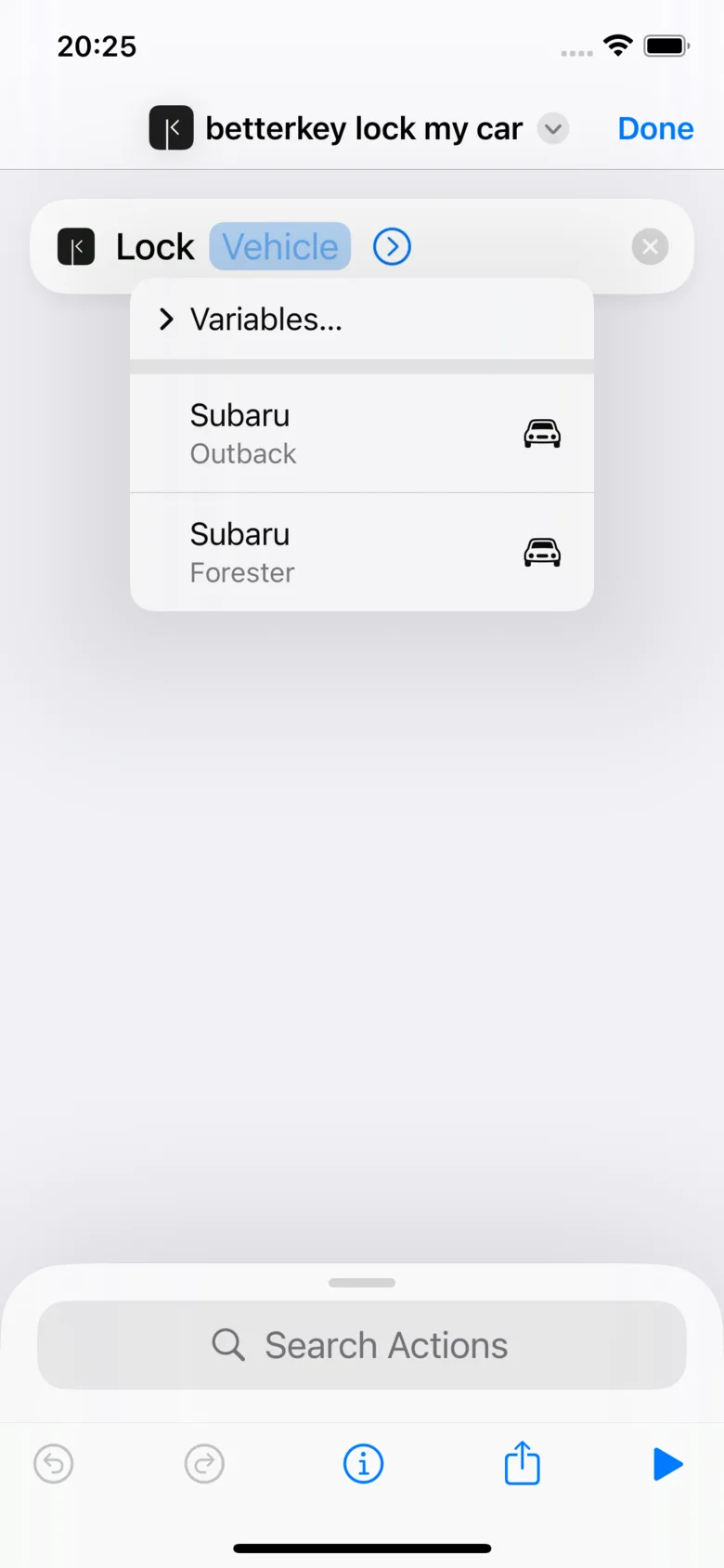 Shortcuts automation action with the vehicle parameter opened for selection