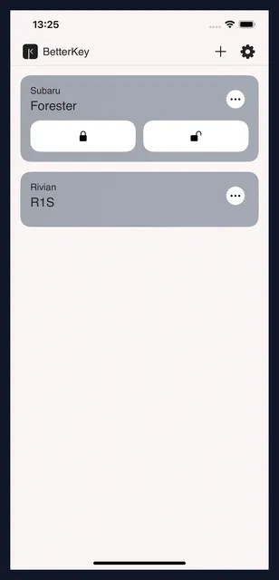 iPhone showing the BetterKey Cars screen